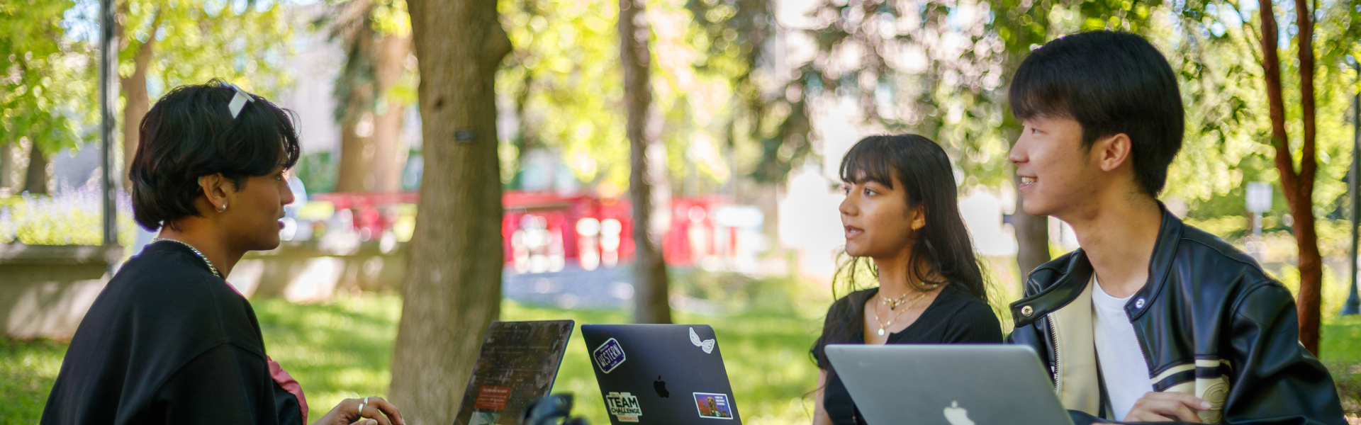 A group of students sitting at a picnic table on campus studying together