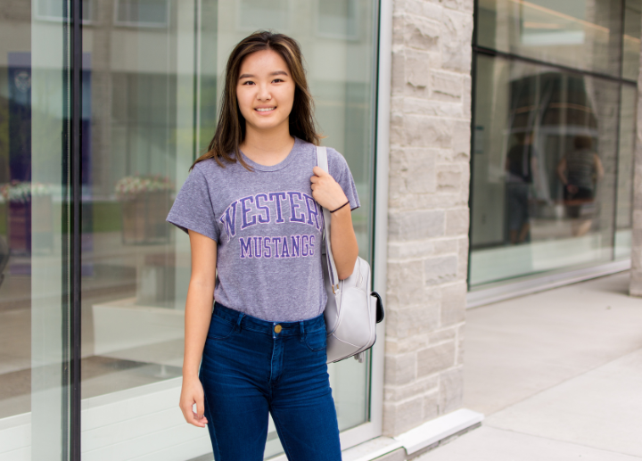 A student standing wearing their backpack