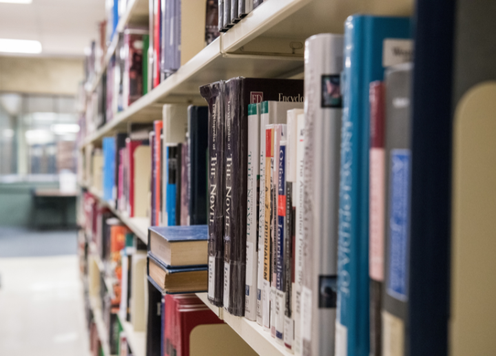 A bookshelf in Weldon Library