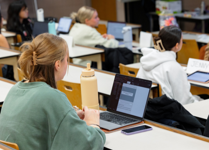A student sitting in a lecture taking notes on their laptop